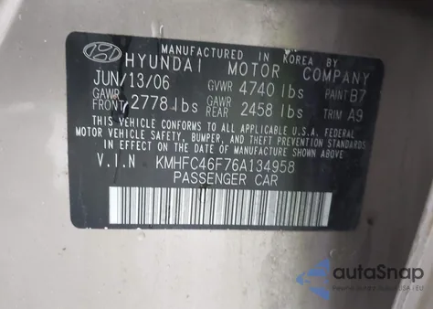 2006 Hyundai Azera Limited/Se из США, поврежденный, VIN KMHFC46F76A134958